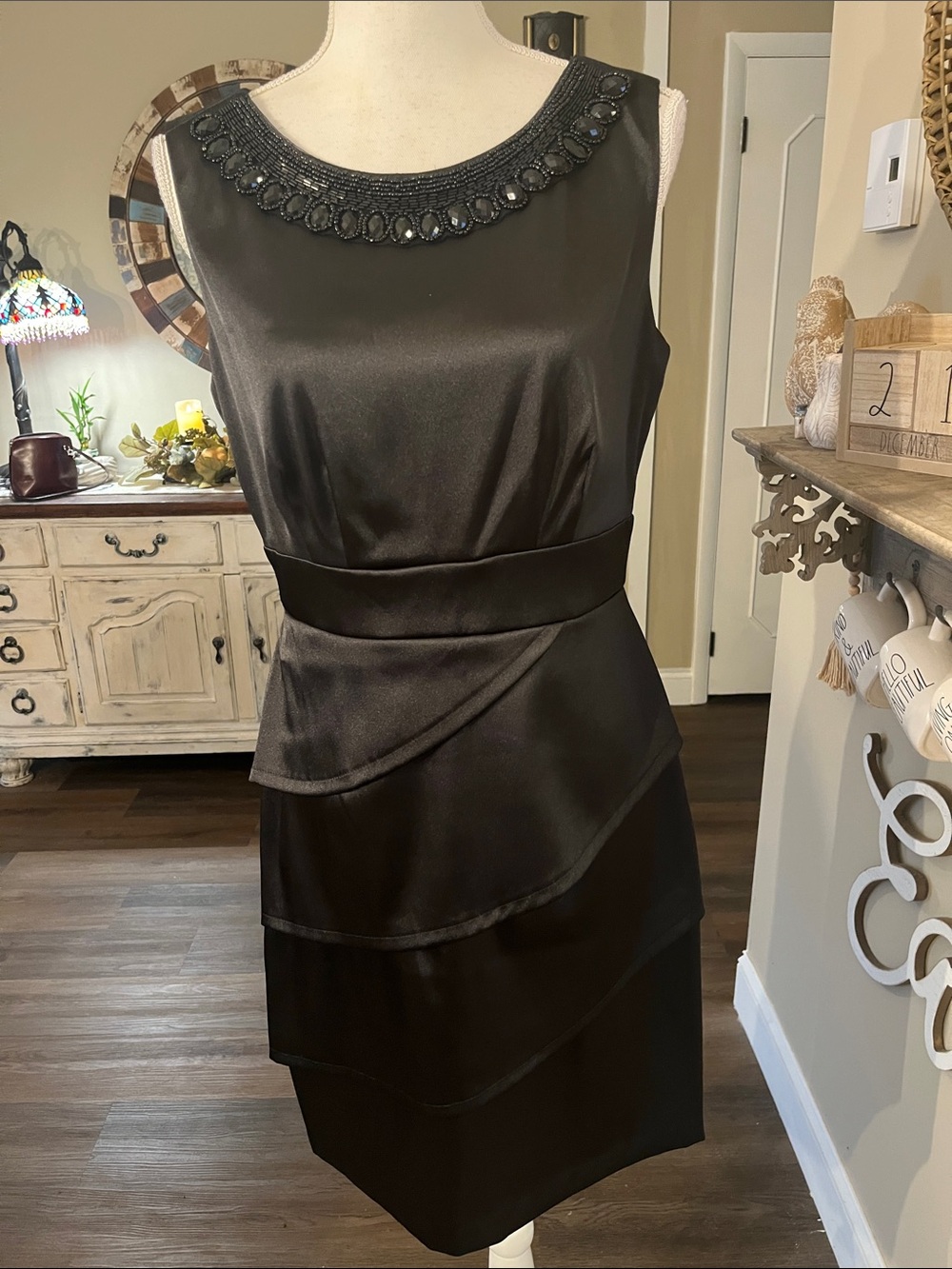 connected Apparel Black Beaded-Neck Satin Midi Dress